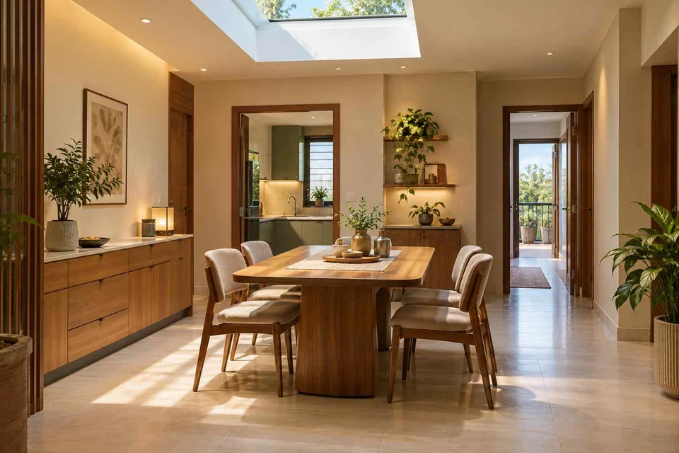 AI-generated dining-room concept: rooflit row-house dining, children's everyday meals direction