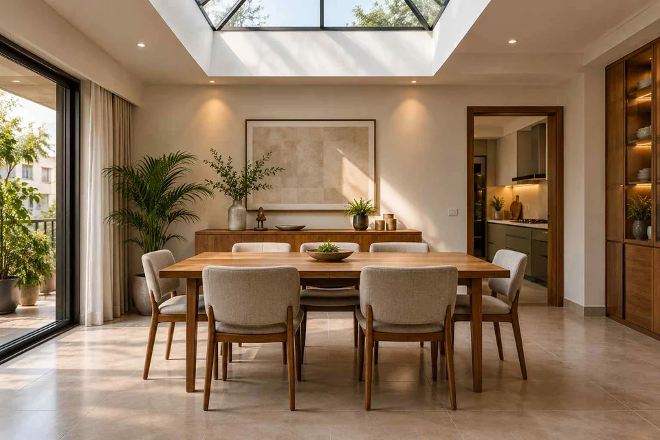 AI-generated dining-room concept: rooflit row-house dining, clear-table daily reset direction
