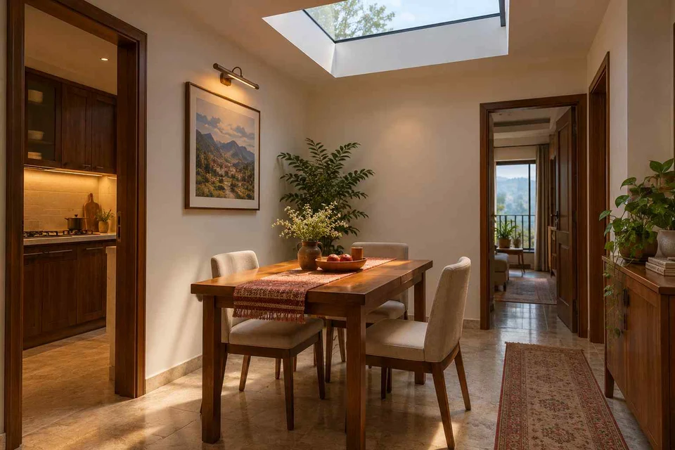 AI-generated dining-room concept: rooflit row-house dining, cool-season family table direction