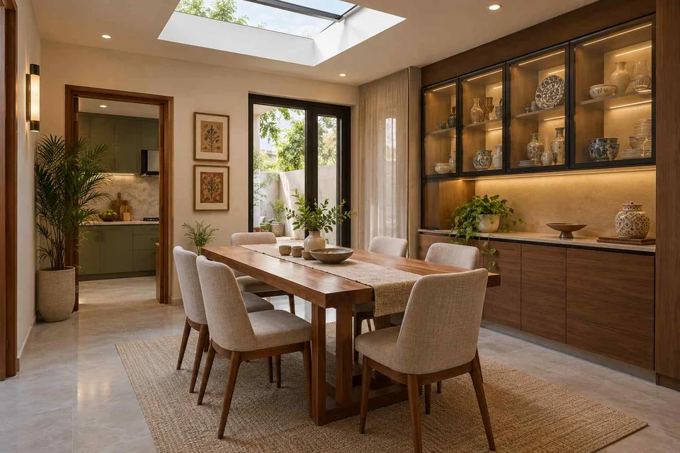 AI-generated dining-room concept: rooflit row-house dining, crockery collection display direction