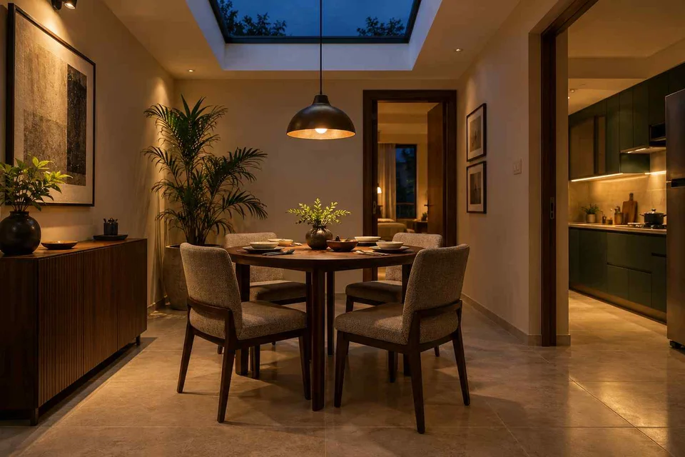 AI-generated dining-room concept: rooflit row-house dining, evening candleless dinner direction