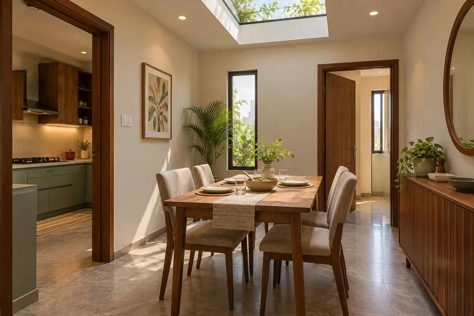 AI-generated dining-room concept: rooflit row-house dining, everyday family supper direction