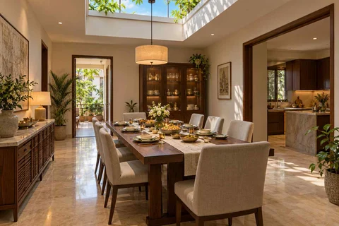 AI-generated dining-room concept: rooflit row-house dining, festival meal preparation direction