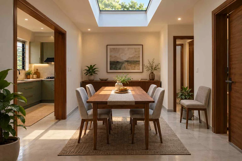 AI-generated dining-room concept: rooflit row-house dining, flexible extra seats direction