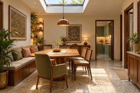 AI-generated dining-room concept: rooflit row-house dining, grandparents and grandchildren direction