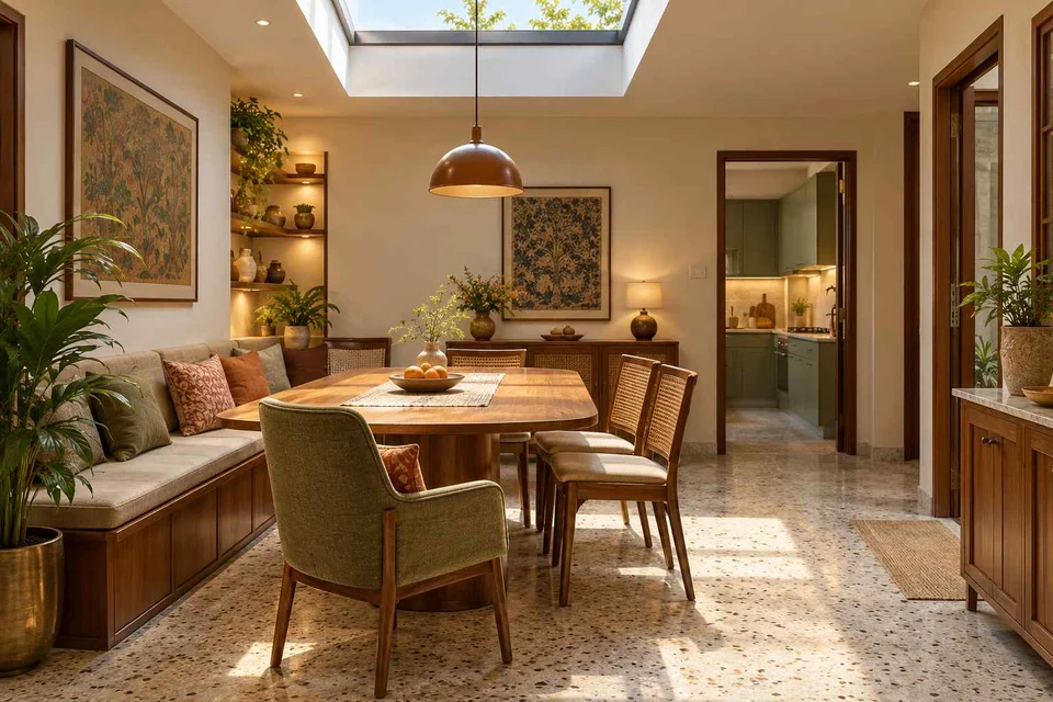 AI-generated dining-room concept: rooflit row-house dining, grandparents and grandchildren direction