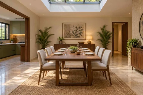 AI-generated dining-room concept: rooflit row-house dining, guest welcome meal direction