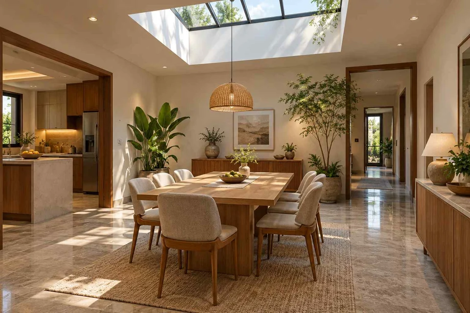 AI-generated dining-room concept: rooflit row-house dining, homegrown herb table direction