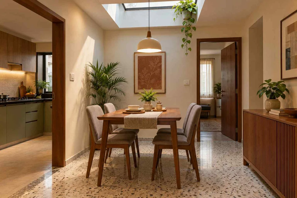 AI-generated dining-room concept: rooflit row-house dining, homework-to-dinner transition direction