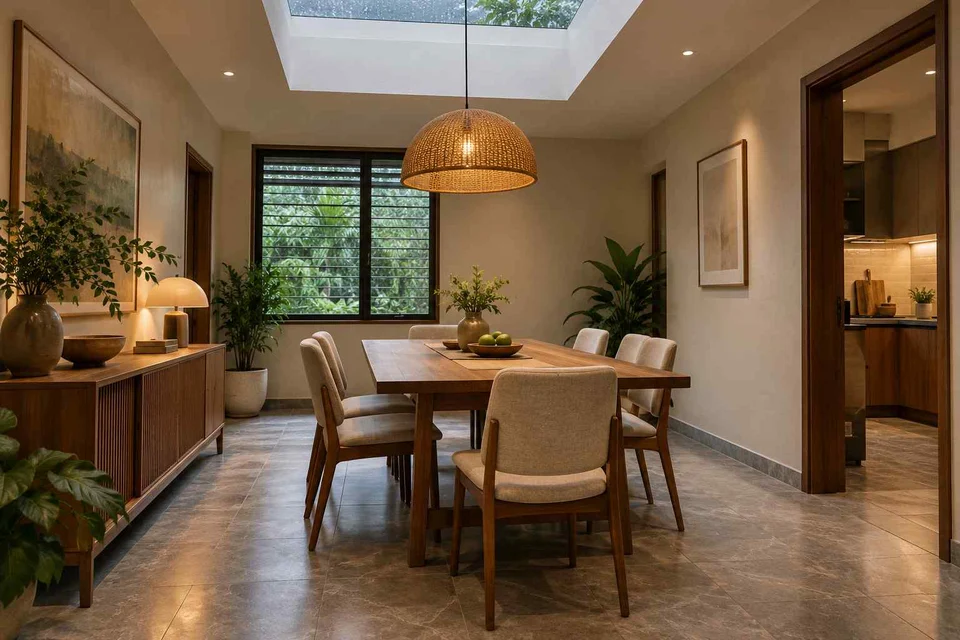 AI-generated dining-room concept: rooflit row-house dining, monsoon lunch light direction