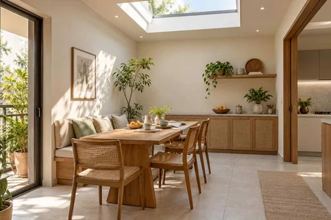 AI-generated dining-room concept: rooflit row-house dining, morning breakfast rhythm direction