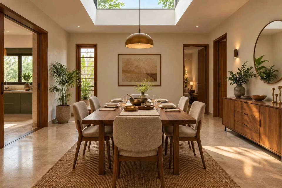 AI-generated dining-room concept: rooflit row-house dining, serving bowl sharing direction