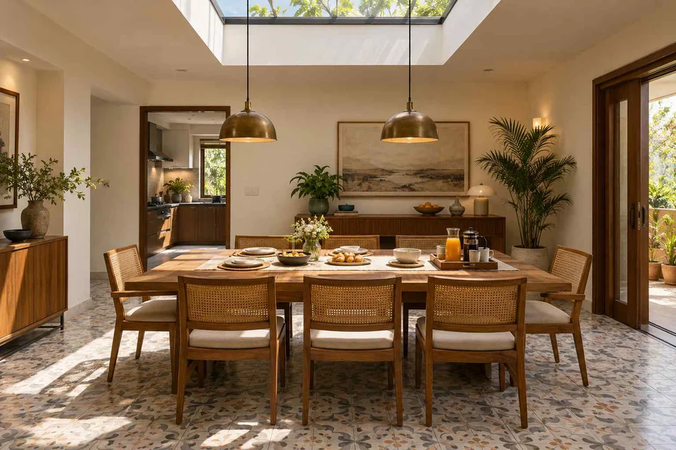 AI-generated dining-room concept: rooflit row-house dining, slow weekend brunch direction