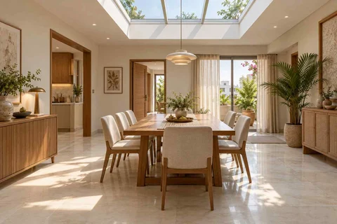 AI-generated dining-room concept: rooflit row-house dining, summer-airiness dining direction