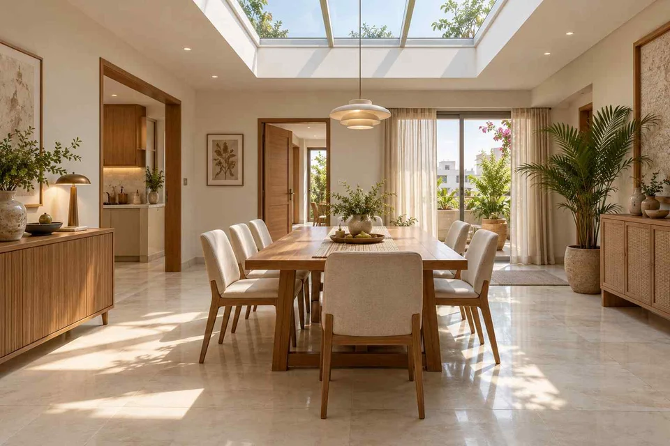 AI-generated dining-room concept: rooflit row-house dining, summer-airiness dining direction