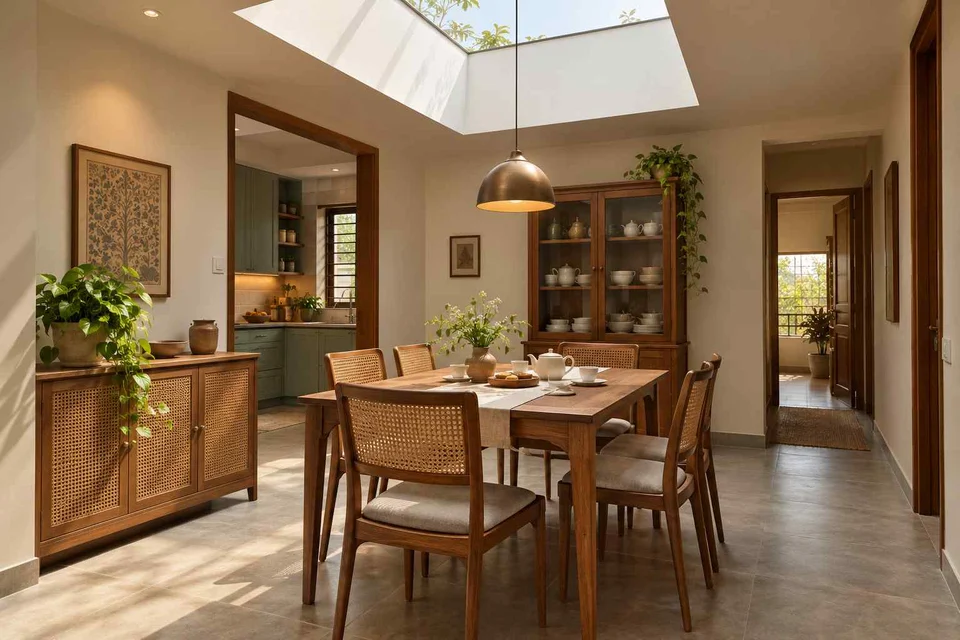 AI-generated dining-room concept: rooflit row-house dining, tea with friends direction