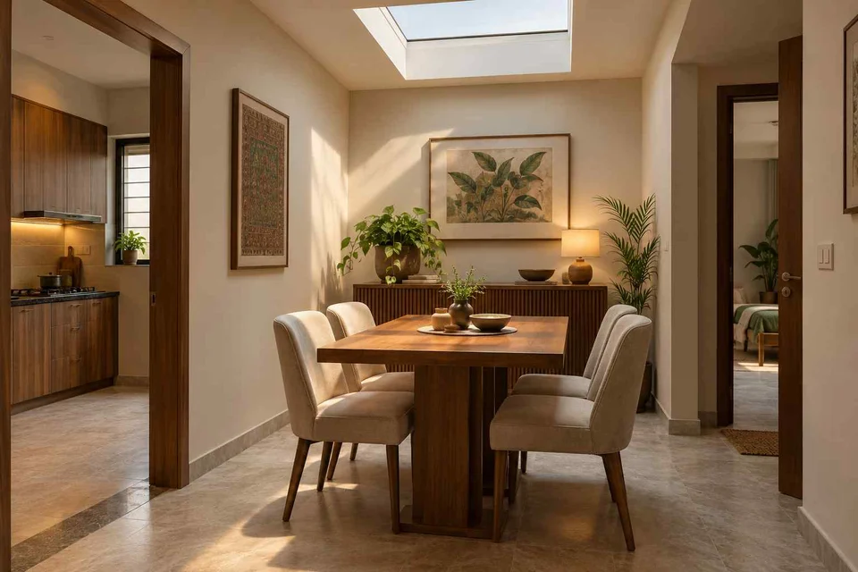 AI-generated dining-room concept: rooflit row-house dining, visiting-parents meal direction