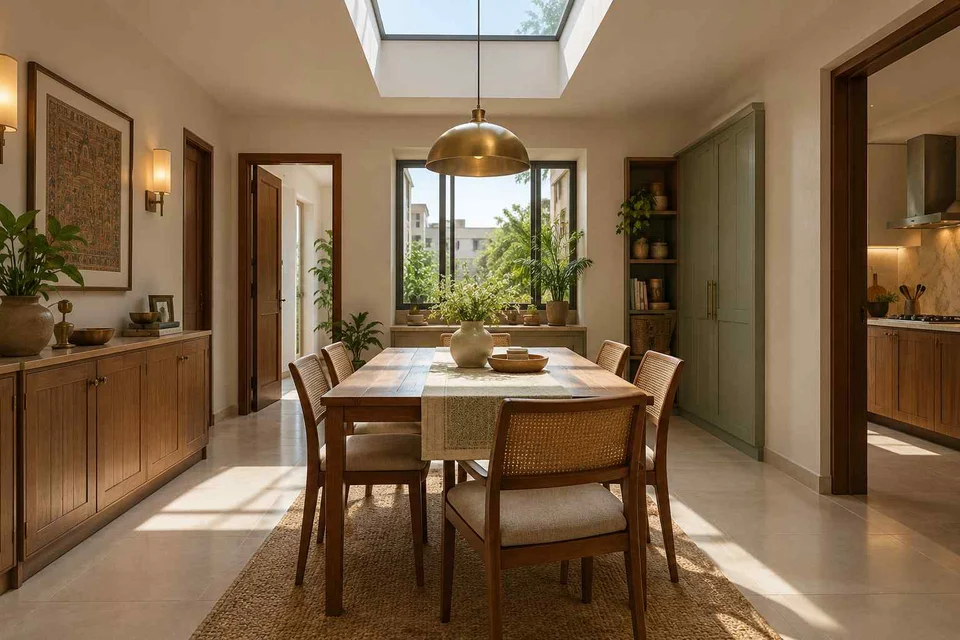 AI-generated dining-room concept: rooflit row-house dining, weekend craft-to-meal reset direction