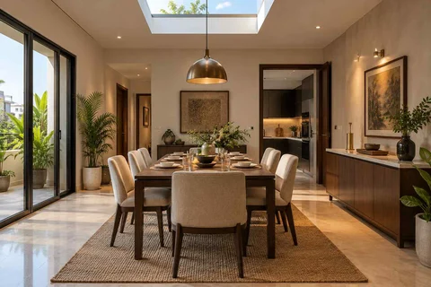 AI-generated dining-room concept: rooflit row-house dining, weeknight compact hosting direction