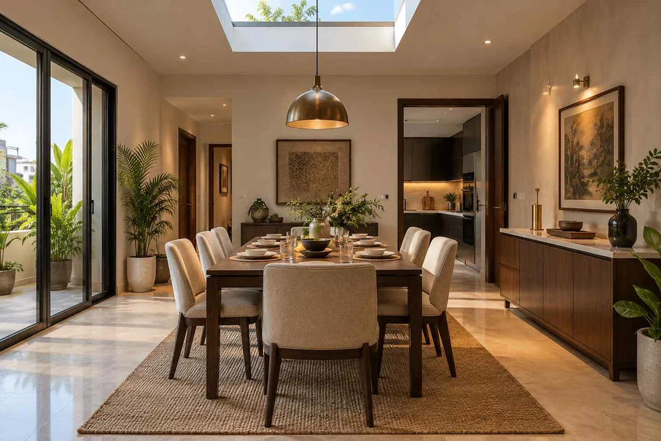 AI-generated dining-room concept: rooflit row-house dining, weeknight compact hosting direction