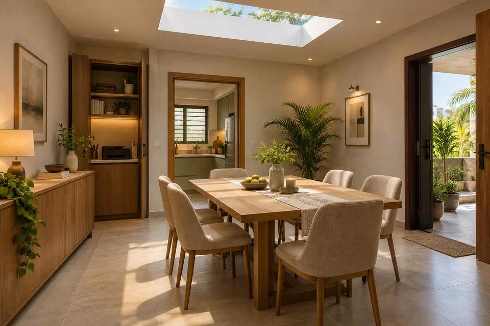 AI-generated dining-room concept: rooflit row-house dining, work-from-home reset direction