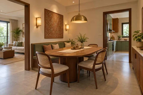 AI-generated dining-room concept: rounded-table dining room, adaptable everyday dining direction