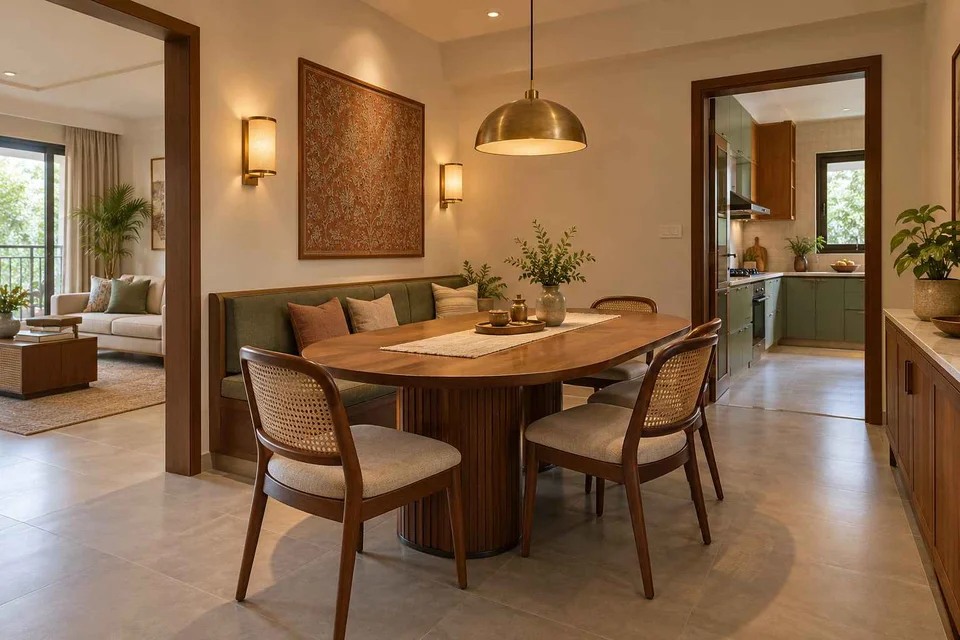 AI-generated dining-room concept: rounded-table dining room, adaptable everyday dining direction
