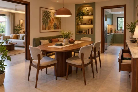 AI-generated dining-room concept: rounded-table dining room, board-game supper direction