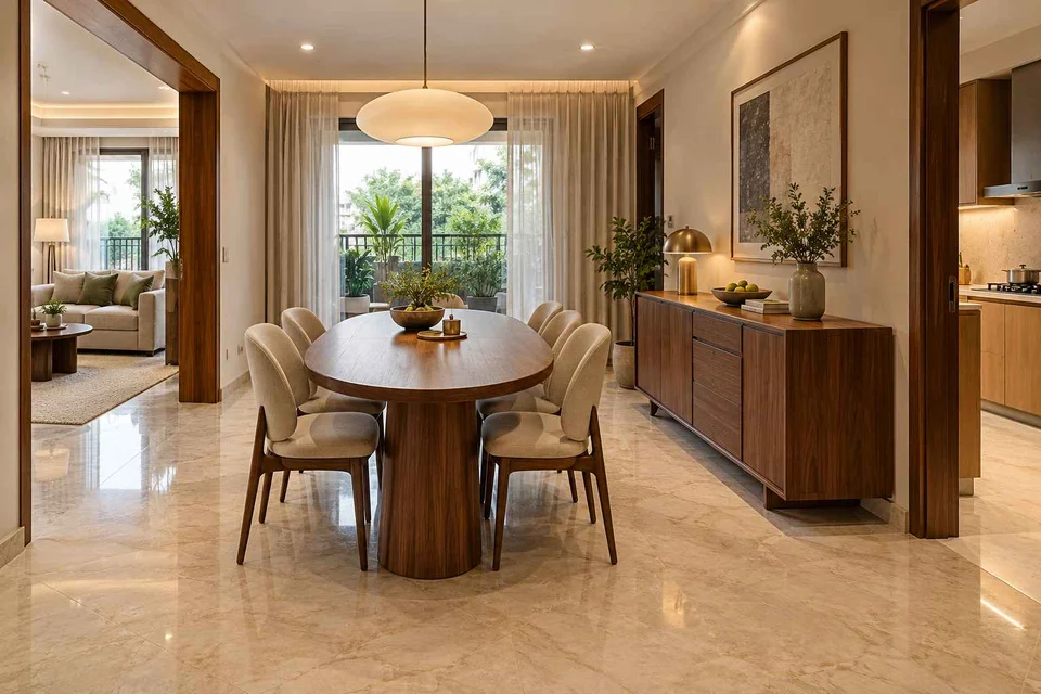 AI-generated dining-room concept: rounded-table dining room, buffet-side gathering direction