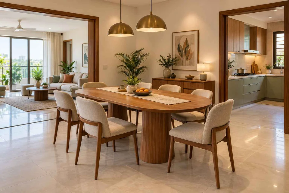 AI-generated dining-room concept: rounded-table dining room, children's everyday meals direction