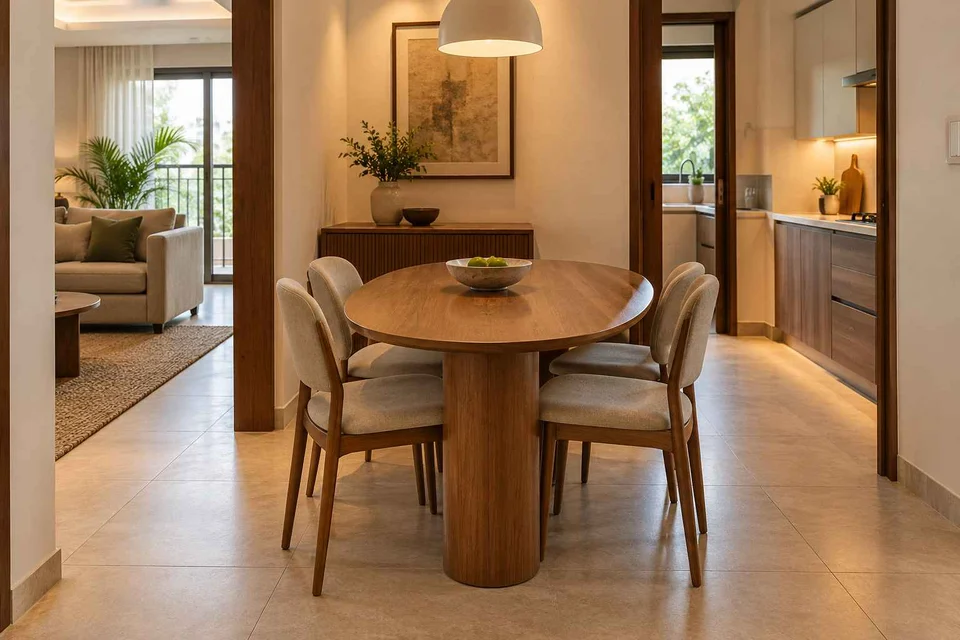 AI-generated dining-room concept: rounded-table dining room, clear-table daily reset direction