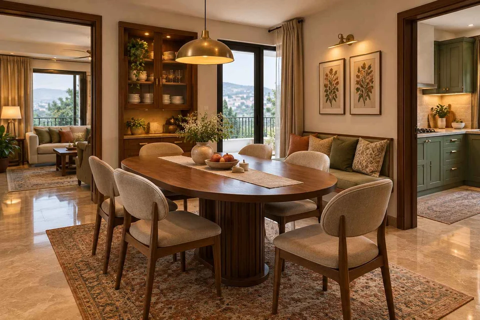 AI-generated dining-room concept: rounded-table dining room, cool-season family table direction