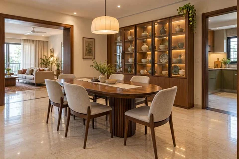 AI-generated dining-room concept: rounded-table dining room, crockery collection display direction
