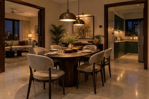 AI-generated dining-room concept: rounded-table dining room, evening candleless dinner direction