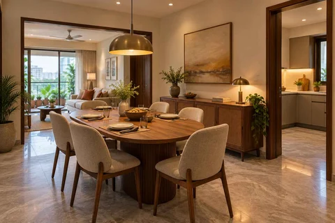 AI-generated dining-room concept: rounded-table dining room, everyday family supper direction