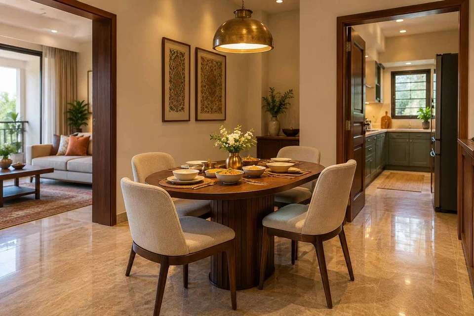 AI-generated dining-room concept: rounded-table dining room, festival meal preparation direction