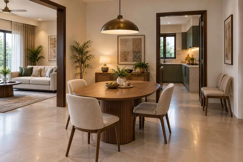 AI-generated dining-room concept: rounded-table dining room, flexible extra seats direction
