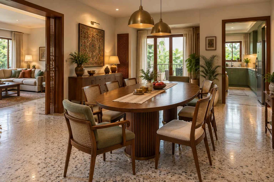 AI-generated dining-room concept: rounded-table dining room, grandparents and grandchildren direction