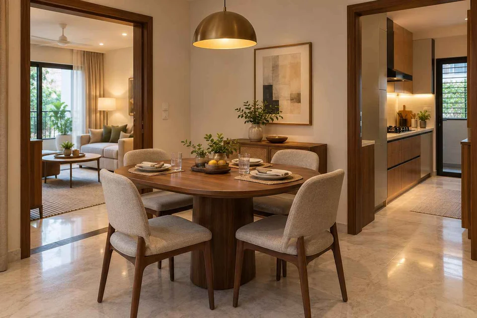 AI-generated dining-room concept: rounded-table dining room, guest welcome meal direction