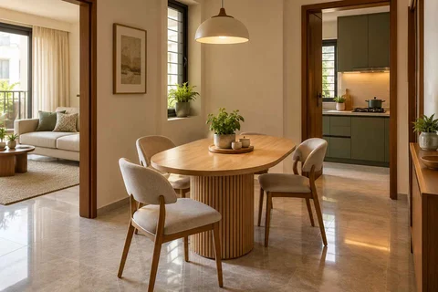 AI-generated dining-room concept: rounded-table dining room, homegrown herb table direction