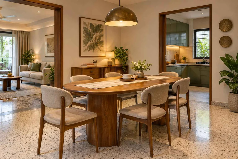 AI-generated dining-room concept: rounded-table dining room, homework-to-dinner transition direction
