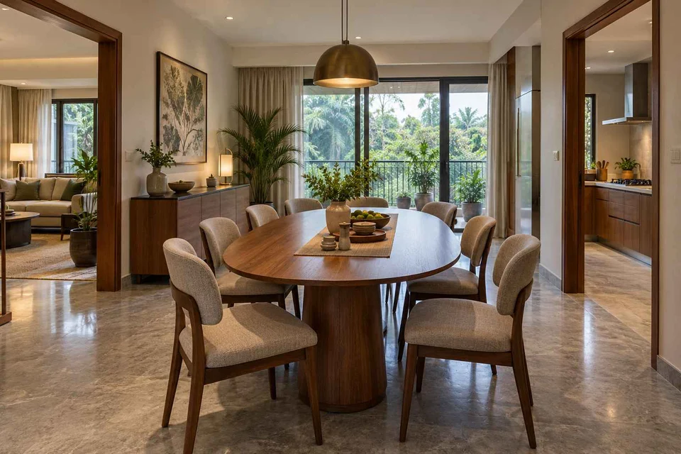 AI-generated dining-room concept: rounded-table dining room, monsoon lunch light direction