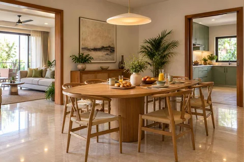 AI-generated dining-room concept: rounded-table dining room, morning breakfast rhythm direction