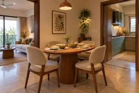 AI-generated dining-room concept: rounded-table dining room, serving bowl sharing direction
