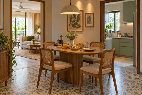 AI-generated dining-room concept: rounded-table dining room, slow weekend brunch direction
