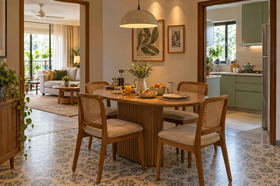 AI-generated dining-room concept: rounded-table dining room, slow weekend brunch direction