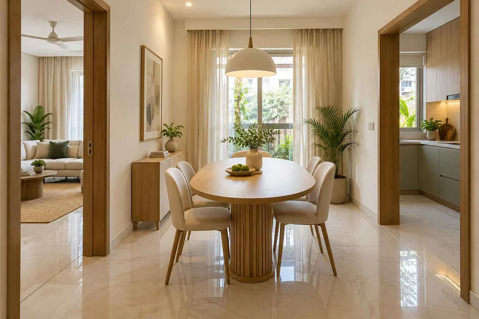 AI-generated dining-room concept: rounded-table dining room, summer-airiness dining direction