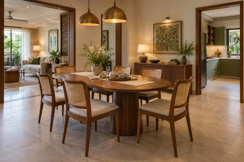 AI-generated dining-room concept: rounded-table dining room, tea with friends direction