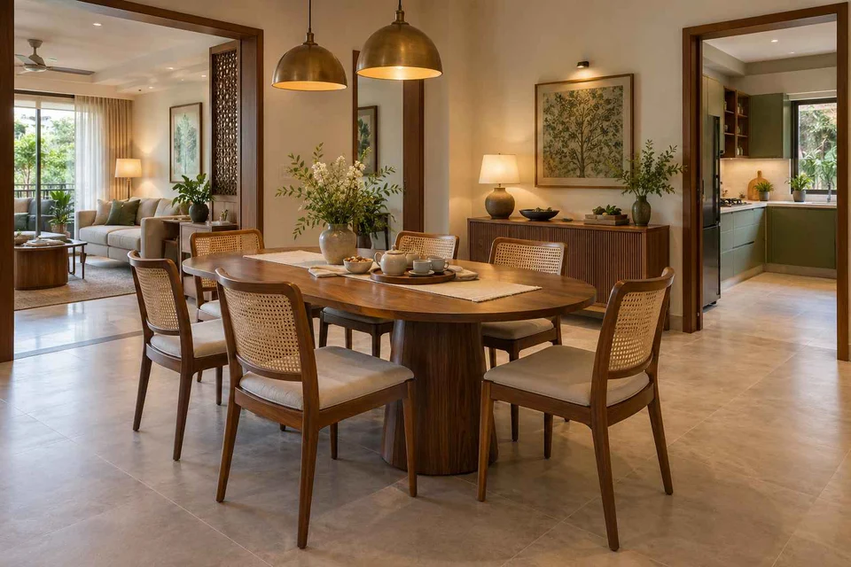 AI-generated dining-room concept: rounded-table dining room, tea with friends direction