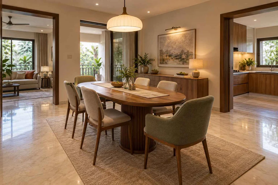 AI-generated dining-room concept: rounded-table dining room, visiting-parents meal direction